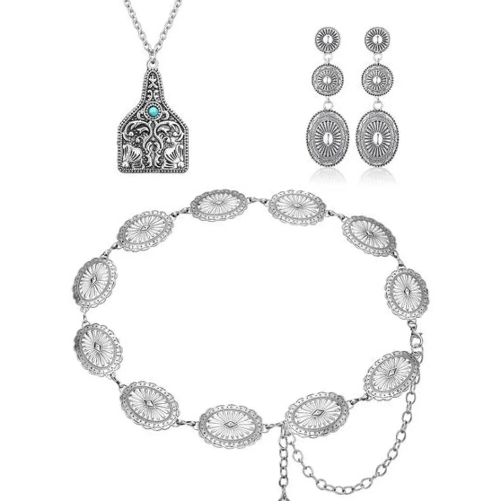3 Pcs Western Jewelry Bohemian Set, Necklace, Earrings and Concho belt